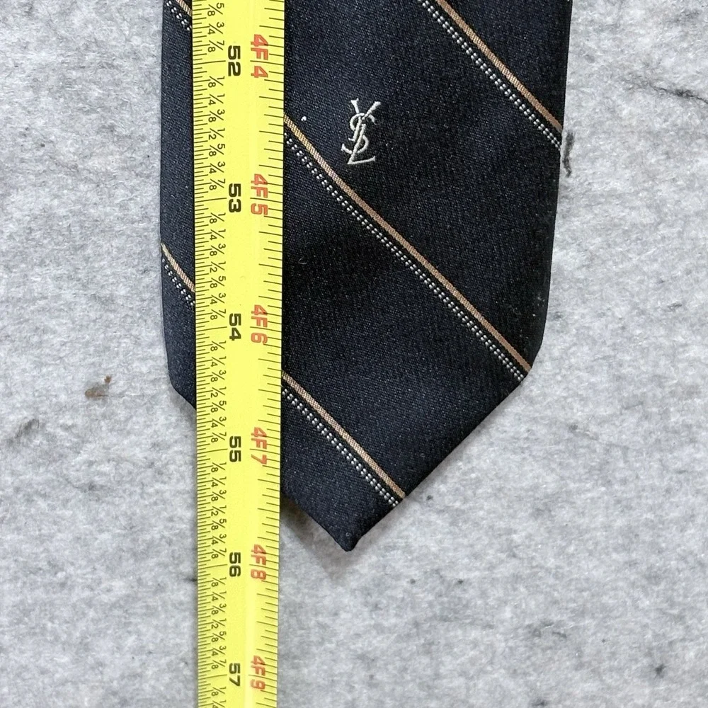 Yves Saint Laurent Tie Mens Black Tan Stripe YSL Logo 3